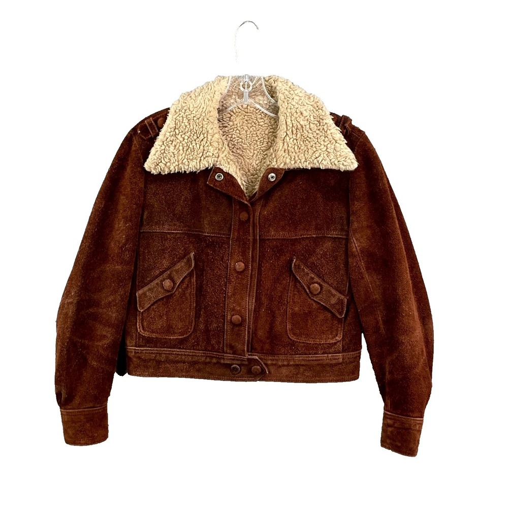 VTG Leather Trucker Jacket‎ Womens 9/10 (XS/S) Sherpa Lined Work Western Crop